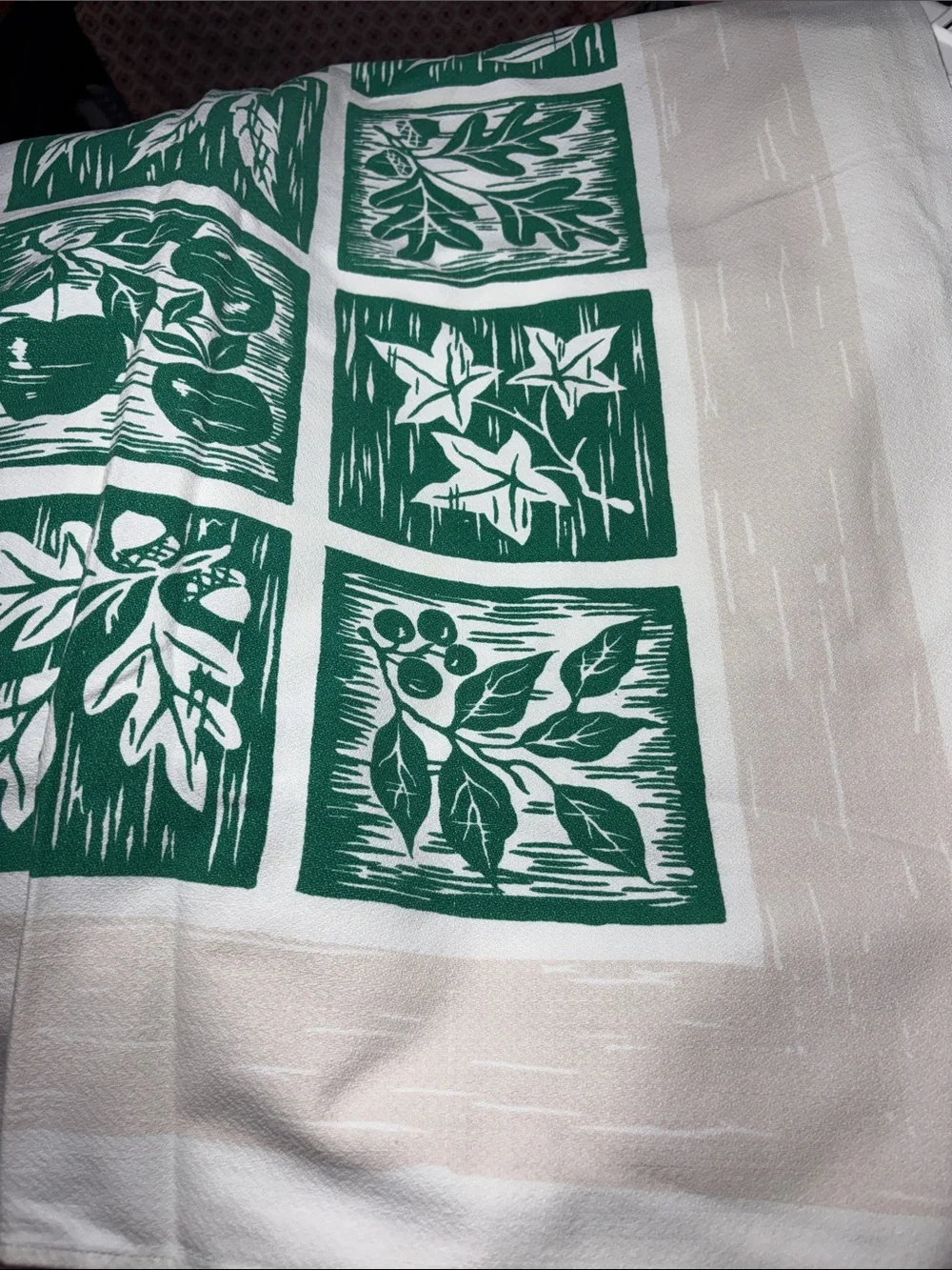 Vintage barkcloth Green and White Fruit Block Print table‎ cloth 52 x 63 B20